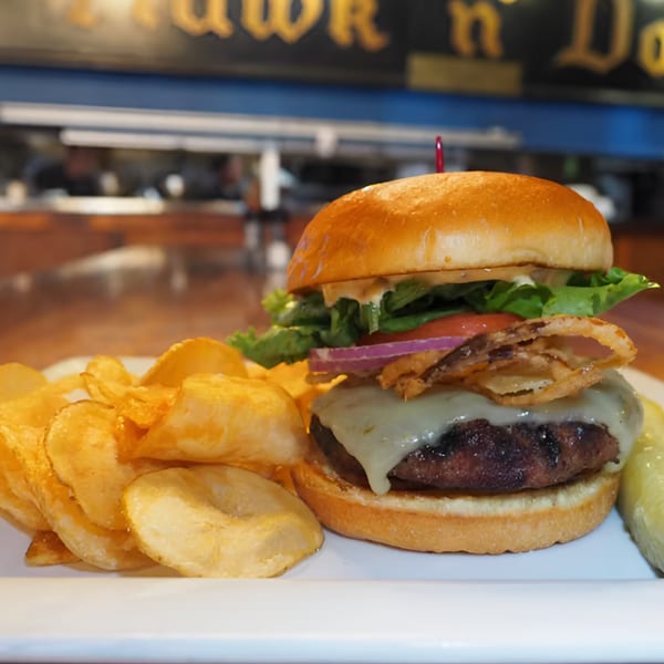 A Hawk N Dove cheeseburger with lettuce, tomato, onion, and crispy fried onions, served with chips and a pickle.